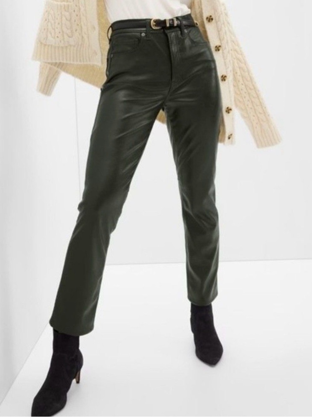 GAP High Rise Leather Pants in Dark Green